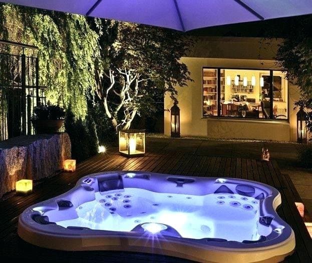 An illuminated spa at night